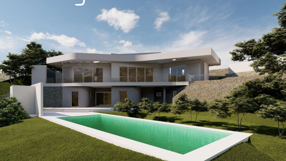 Moderne zweistöckige Villa mit minimalistischer weißer Fassade, Natursteinmauern und einem rechteckigen Pool inmitten einer gepflegten Rasenfläche.