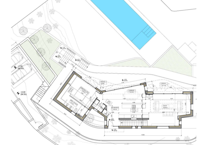 Technischer Grundriss mit Darstellung der Raumaufteilung: Master-Suite, offener Wohnbereich, moderne Küche, Pergolen und Außenpool.