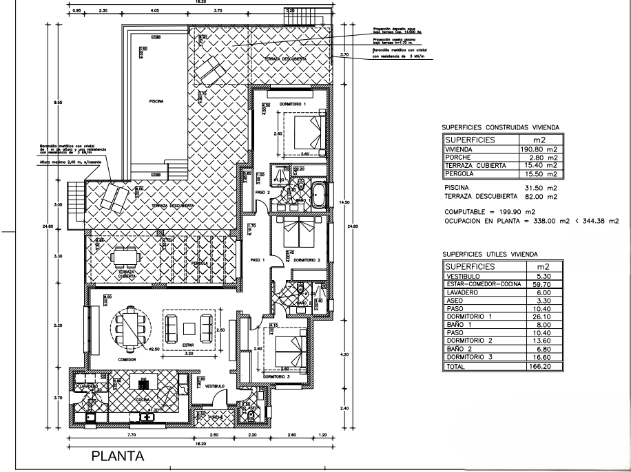 Detaillierter architektonischer Grundriss mit drei Schlafzimmern, privatem Pool, Pergola-Terrasse und Tabellen der technischen Nutzflächen.