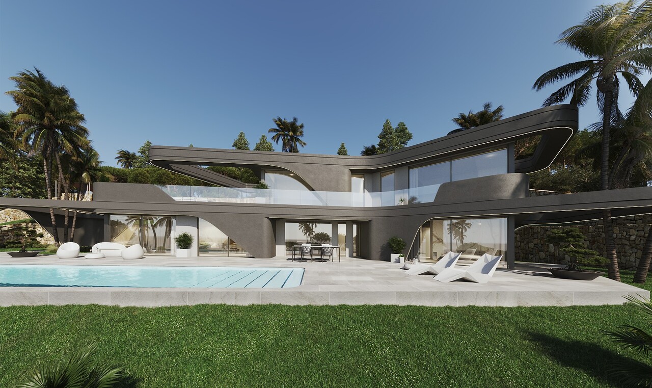 Außenansicht einer zeitgenössischen Villa mit geschwungenen dunkelgrauen Fassaden, rechteckigem Pool, Steinpflaster und minimalistischen weißen Gartenmöbeln.
