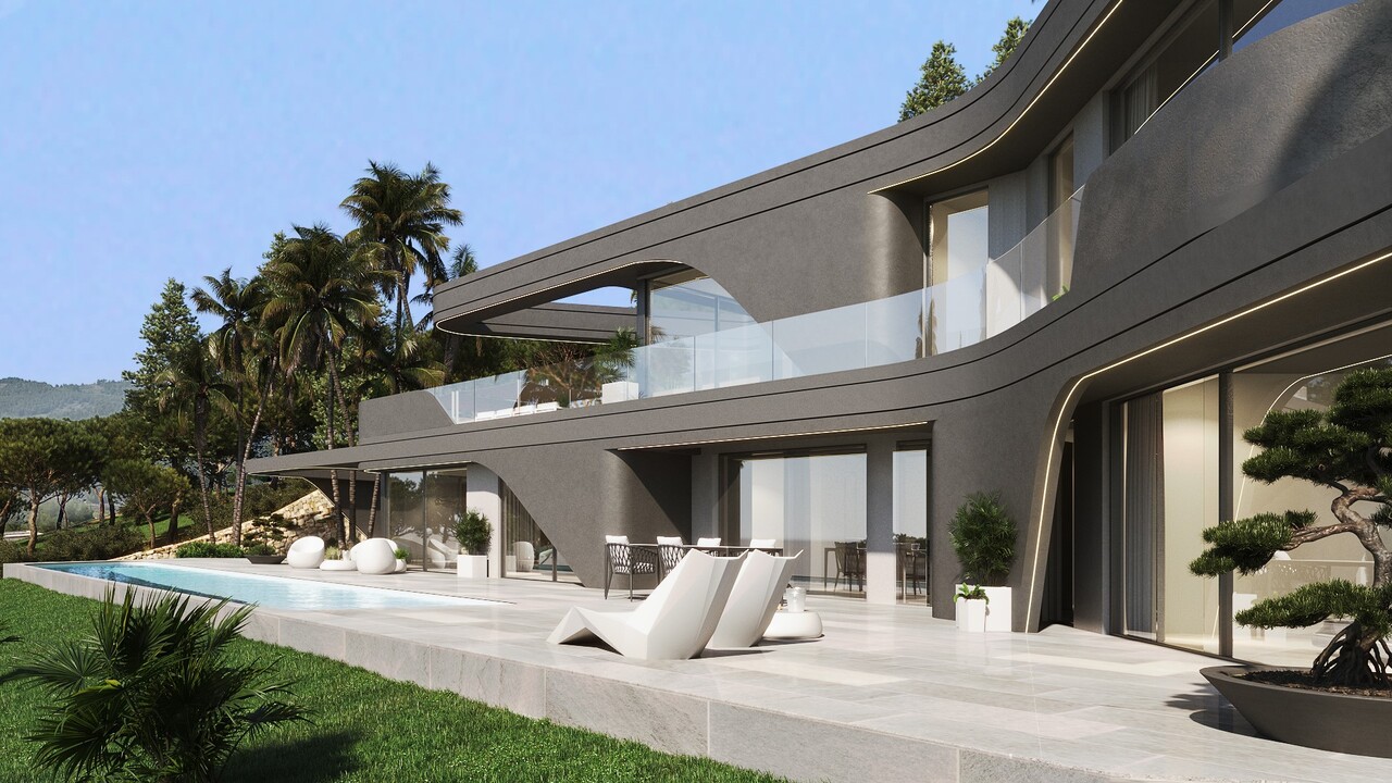 Moderne zweistöckige Villa mit dunkler, geschwungener Fassade, Infinity-Pool und Steinterrasse. Ausgestattet mit LED-Akzentbeleuchtung und weißen Design-Liegen.