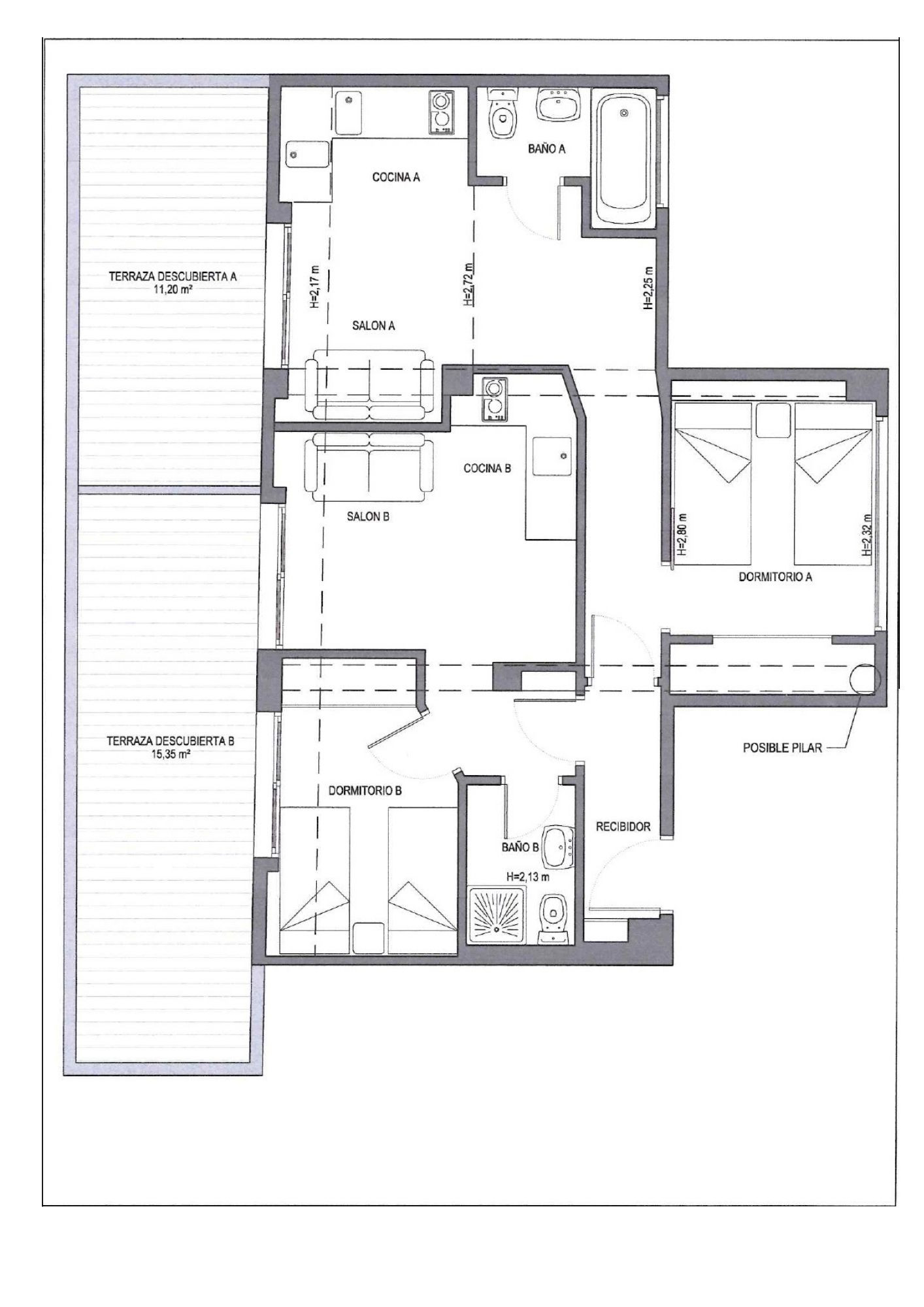 Detaillierter architektonischer Grundriss, der zwei separate Wohnungsaufteilungen (A und B) zeigt. Jede Einheit verfügt über ein Schlafzimmer, Wohnzimmer, Küche, Bad und eine offene Terrasse mit Maßen.