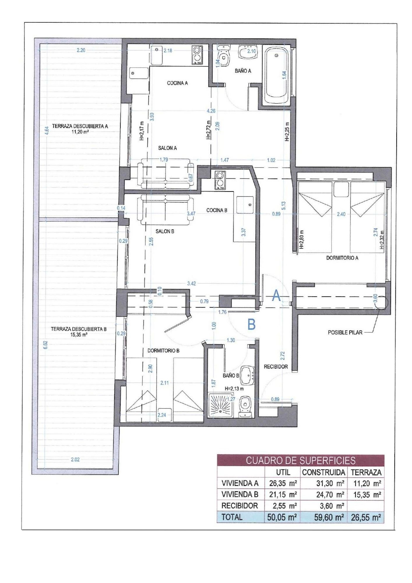 Detaillierter Architekturplan, der die Aufteilung zweier Wohnungen (A und B) mit Raumbezeichnungen, Abmessungen und Möblierung zeigt. Er umfasst auch zwei offene Terrassen und eine Übersichtstabelle der Flächen.