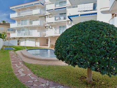 Außenansicht des Apartmentgebäudes mit Gemeinschaftspool, umgeben von grünem Rasen und einem geschwungenen Steinpfad. Ein kugelförmiger Formschnittbusch schmückt den Garten.