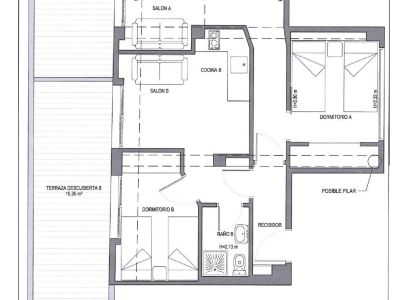 Detaillierter architektonischer Grundriss, der zwei separate Wohnungsaufteilungen (A und B) zeigt. Jede Einheit verfügt über ein Schlafzimmer, Wohnzimmer, Küche, Bad und eine offene Terrasse mit Maßen.