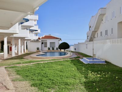 Geschwungener Gemeinschaftspool mit blauen Mosaikfliesen, eingebettet in eine grüne Rasenfläche und weiße mediterrane Gebäude. Das Meer ist im Hintergrund sichtbar.