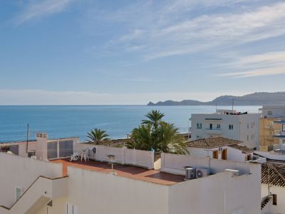 Panoramablick auf das Mittelmeer mit der Küste von Jávea am Horizont, lokale Dächer und Palmen unter einem klaren Himmel.