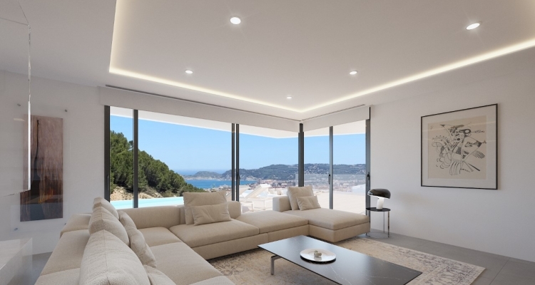 Designer-Wohnbereich mit raumhoher Eckverglasung und Meerblick. Ausgestattet mit LED-Voutenbeleuchtung, modularem Sofa und großformatigen Feinsteinzeugfliesen.