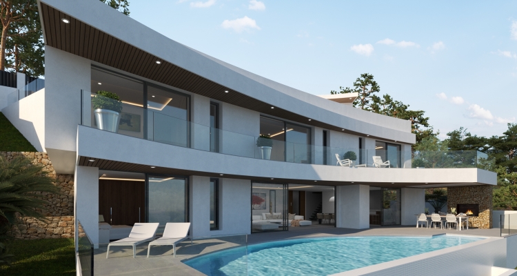 Moderne zweistöckige Villa mit geschwungener weißer Fassade, Infinity-Pool und integriertem Essbereich im Freien mit Steinkamin und Holzdecken.