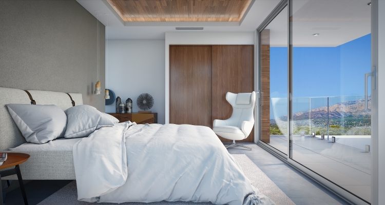 Modernes Schlafzimmer mit Holzdeckendetail, Einbauschränken und bodentiefen Glastüren, die auf eine Terrasse mit Panoramablick auf die Berge führen.