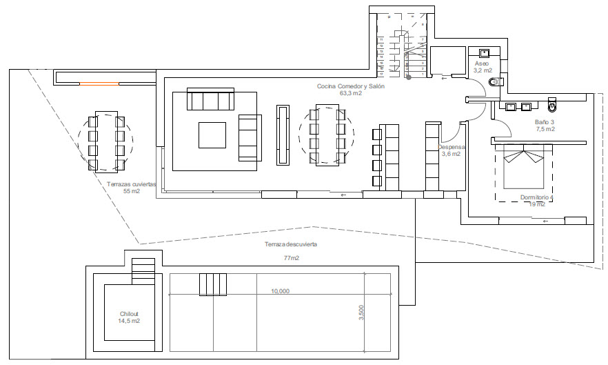 Architektonischer Grundriss des Erdgeschosses mit Wohn-Esszimmer, Küche, Schlafzimmer, überdachten und nicht überdachten Terrassen und Chillout-Bereich mit Pool.