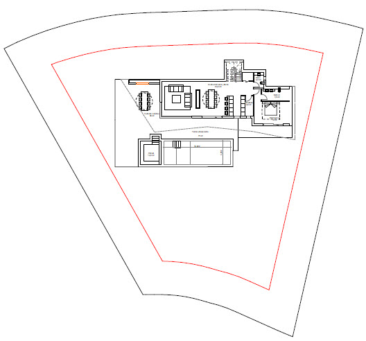 Architektonischer Plan der Villa, der die Innen- und Außenaufteilung zeigt.