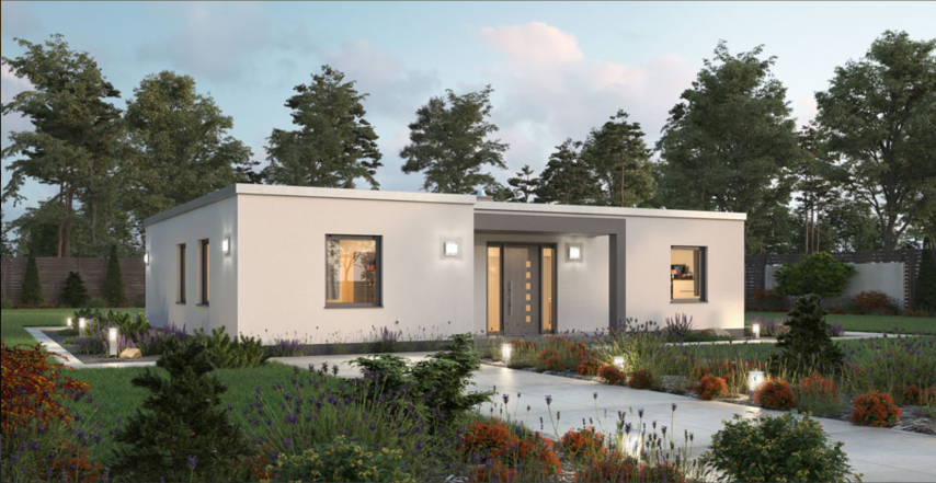 Außenansicht der einstöckigen Villa mit pflegeleichtem Garten und beleuchtetem Zugangsweg.