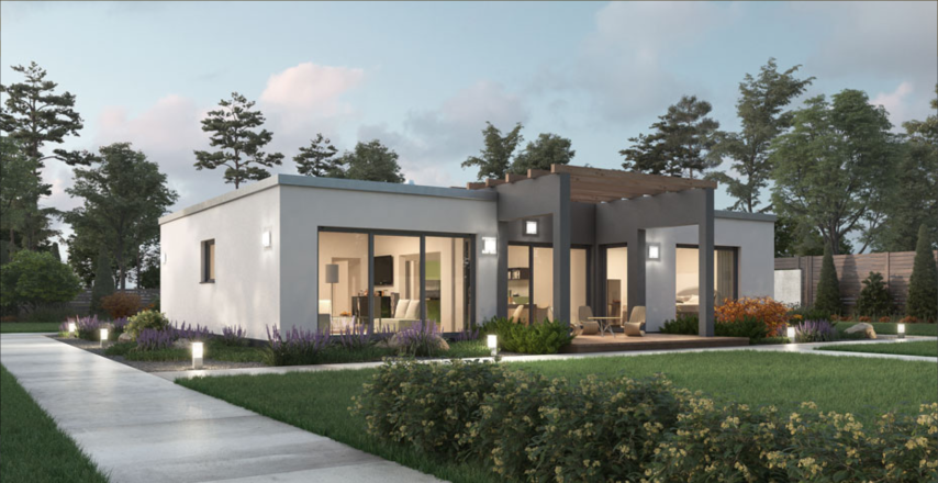 Außenansicht der modernen Villa mit Garten und beleuchtetem Weg.