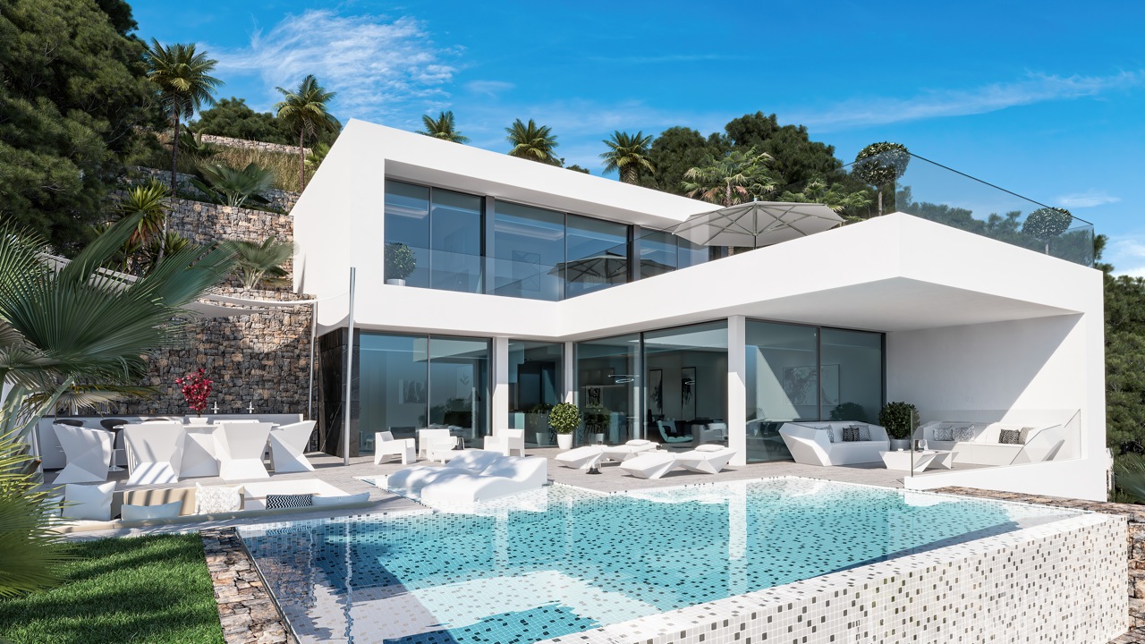 Außenansicht der Villa mit Infinity-Pool, Terrasse mit modernen Möbeln und minimalistischem architektonischem Design.