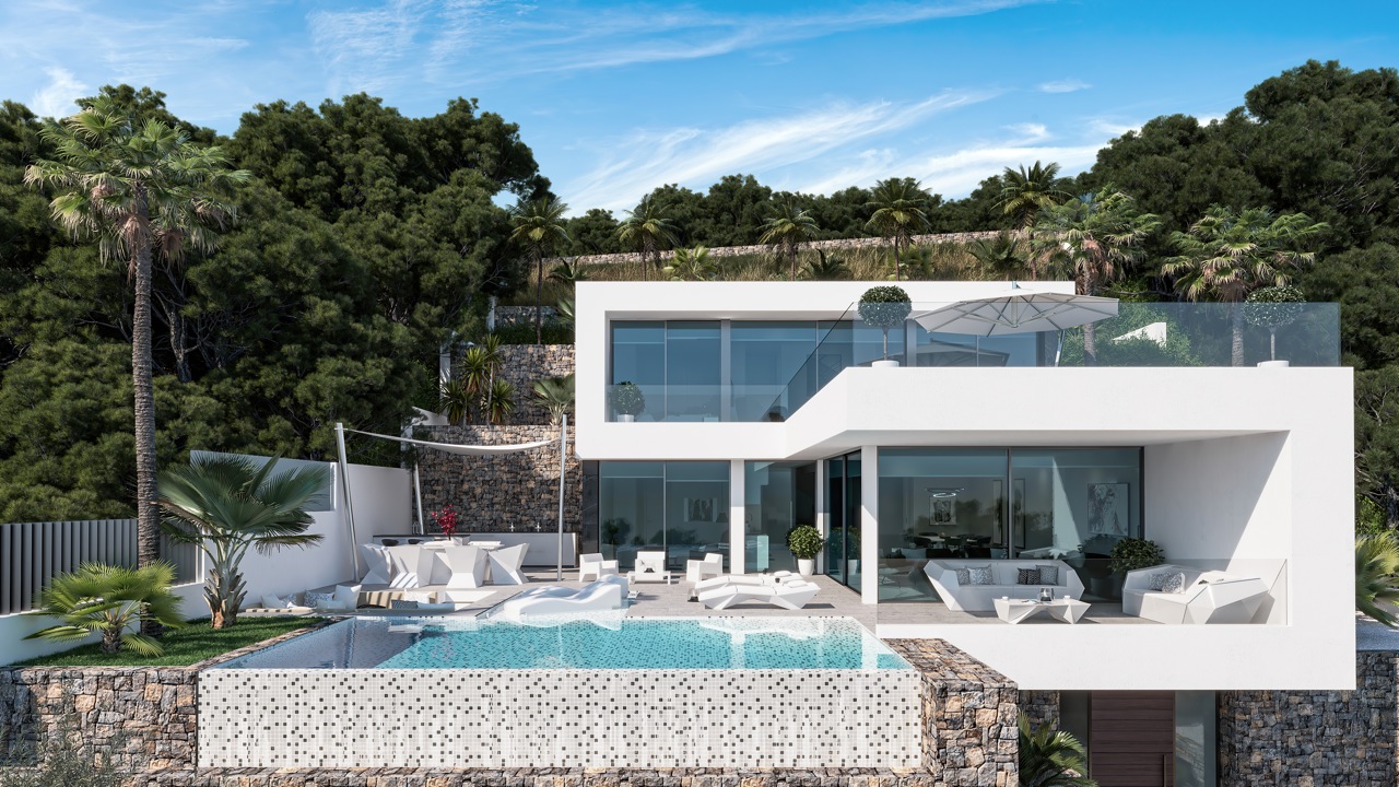 Außenansicht der Villa mit Infinity-Pool und Lounge-Bereich im Freien, umgeben von üppigem Grün.
