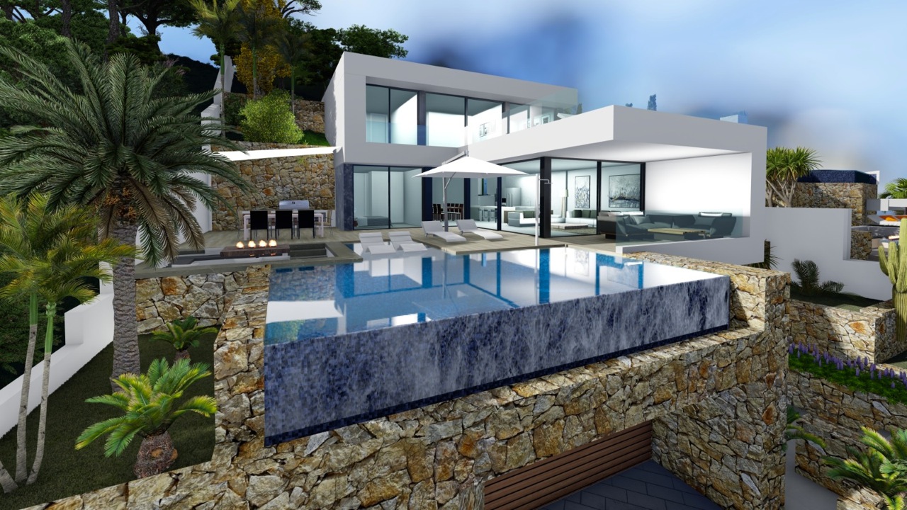 Blick auf den Infinity-Pool mit Granitrand und den Sitzbereich im Freien mit integriertem Grill.