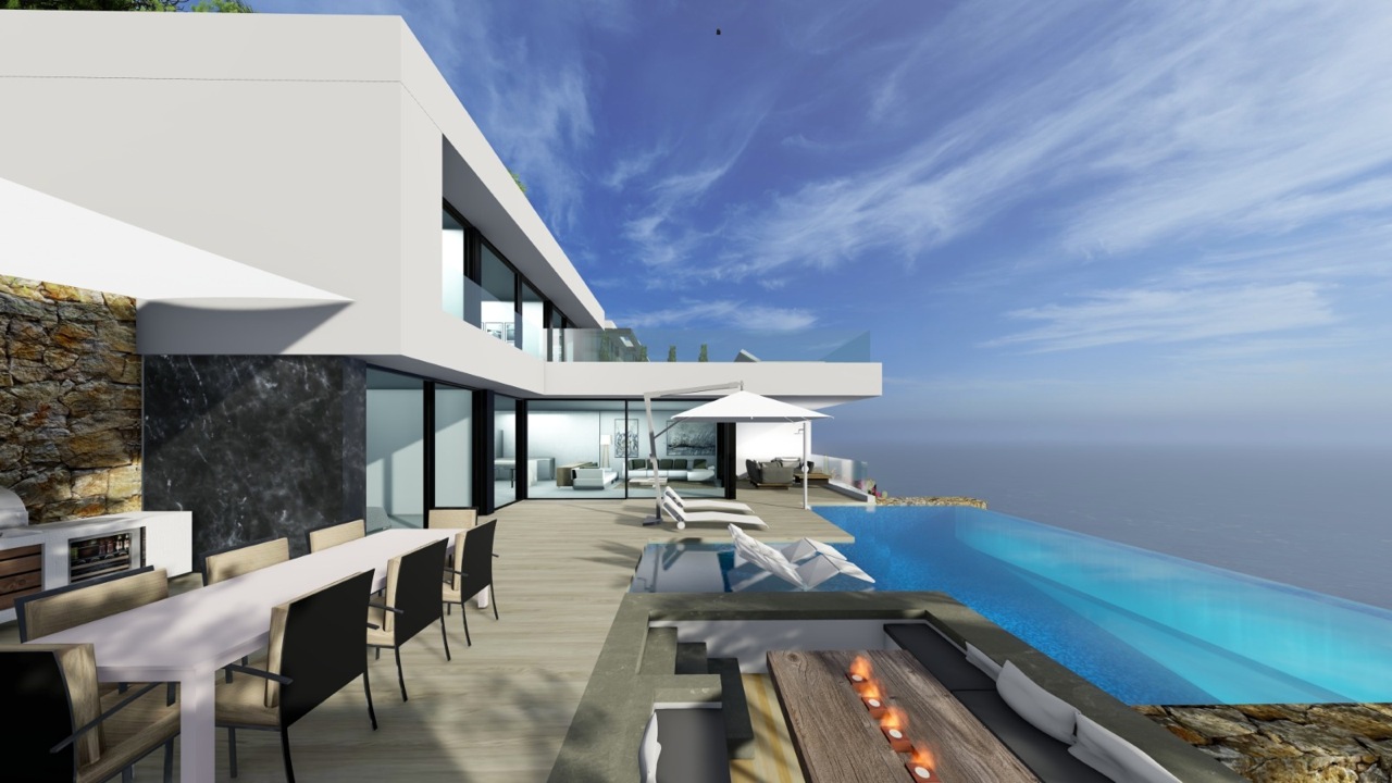 Blick auf die Terrasse mit Infinity-Pool, Essbereich im Freien und Meerblick.