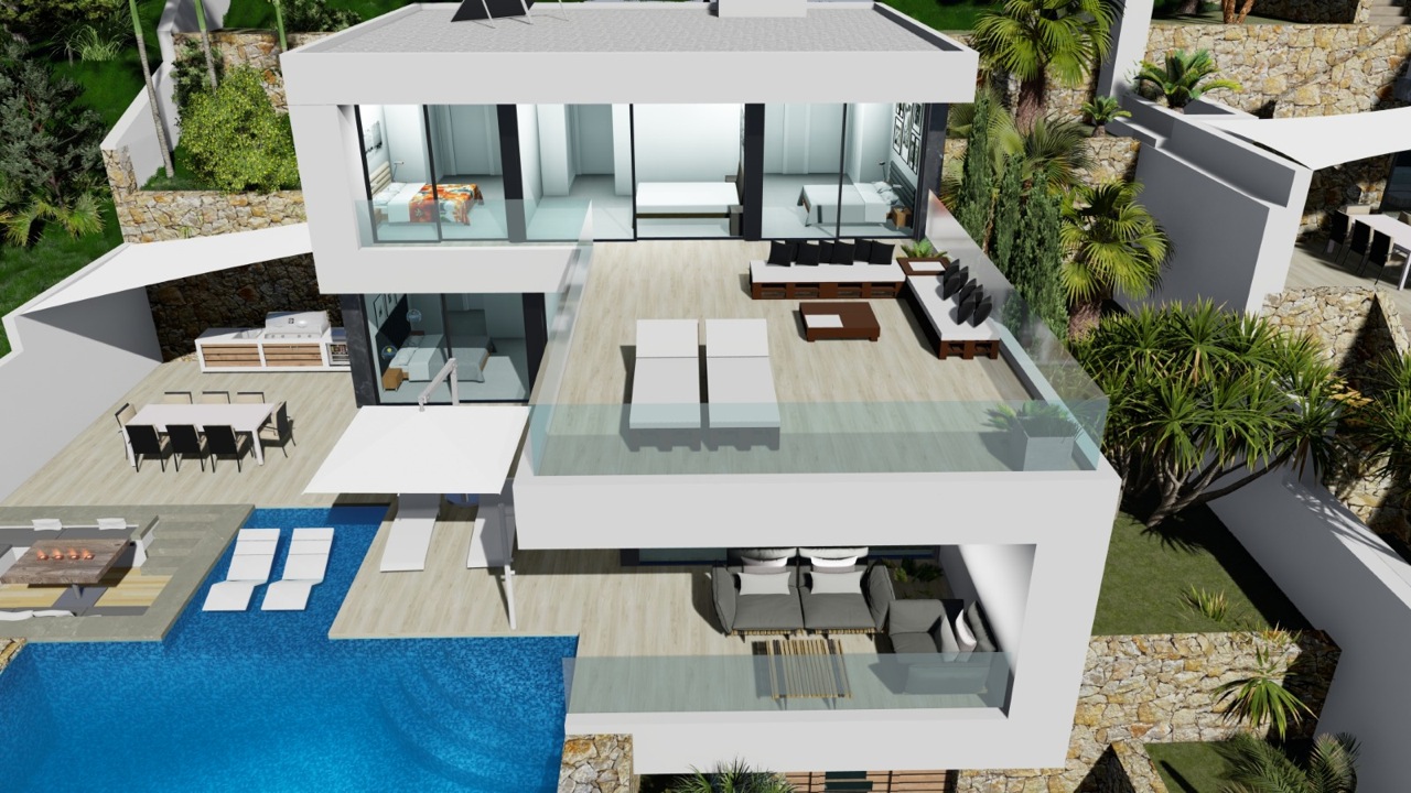 Luftaufnahme der Villa mit blauem Pool, Terrasse mit Liegestühlen und Wohnbereich im Freien.