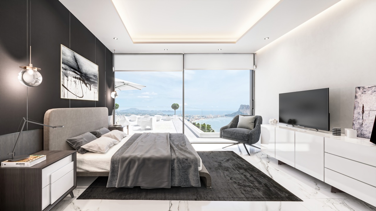 Schlafzimmer mit Doppelbett, dunklem Teppich und Meerblick durch große Fenster.