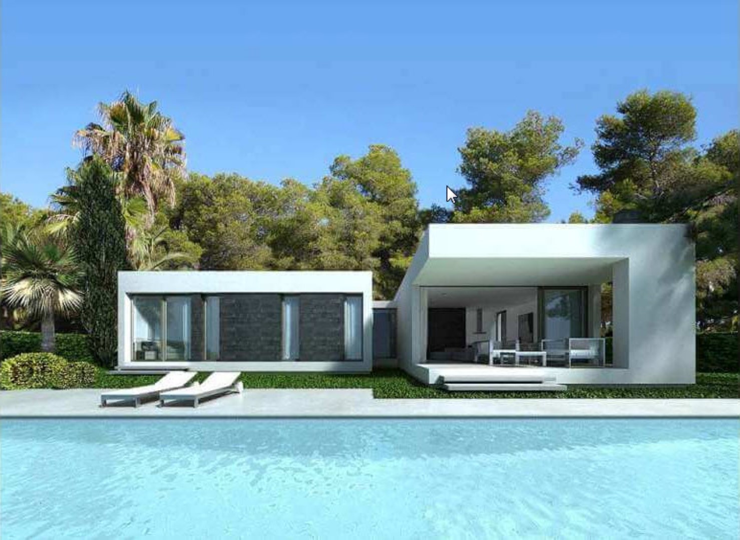 Außenansicht der Villa mit Pool, Liegestühlen und überdachter Terrasse mit Möbeln.