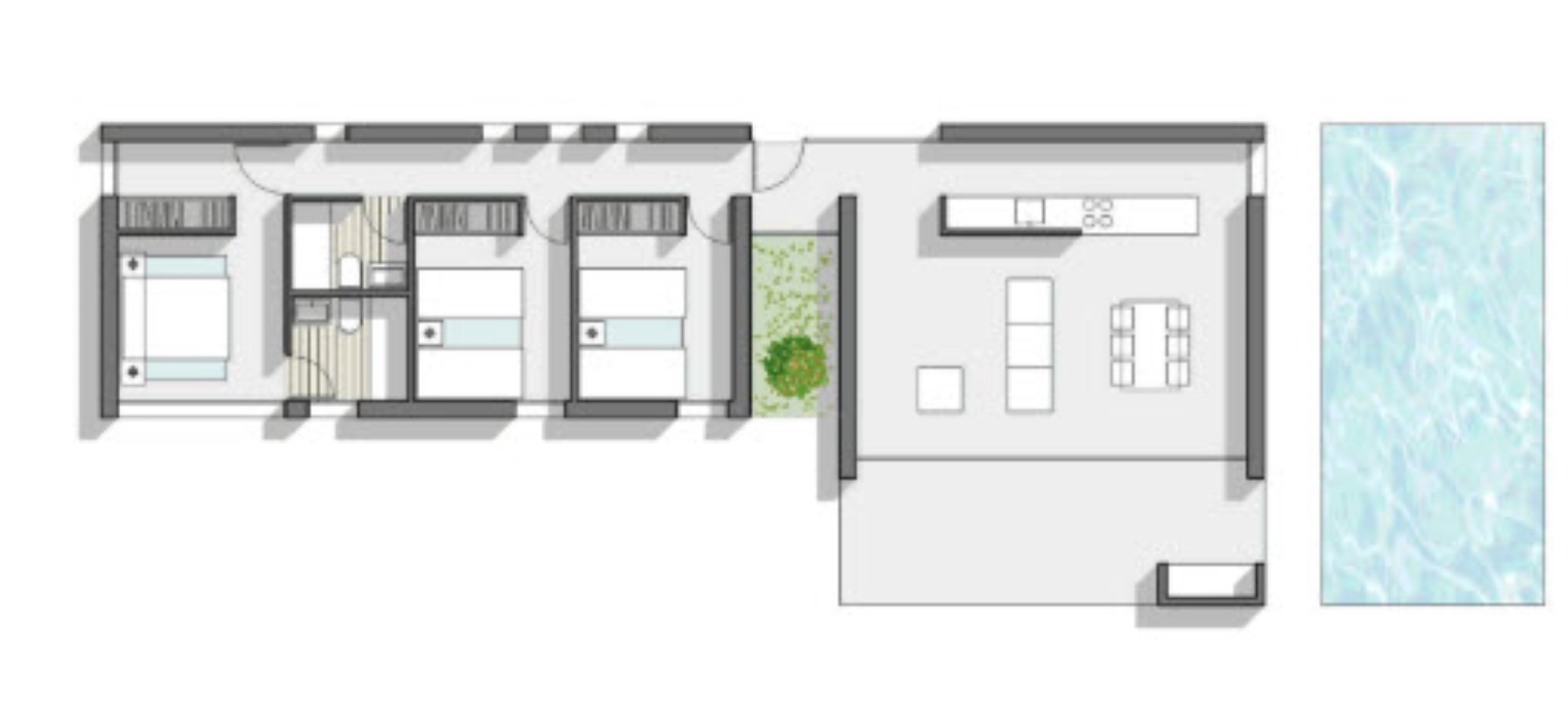 Grundriss einer modernen Villa mit Pool, der die Aufteilung und das Design zeigt.