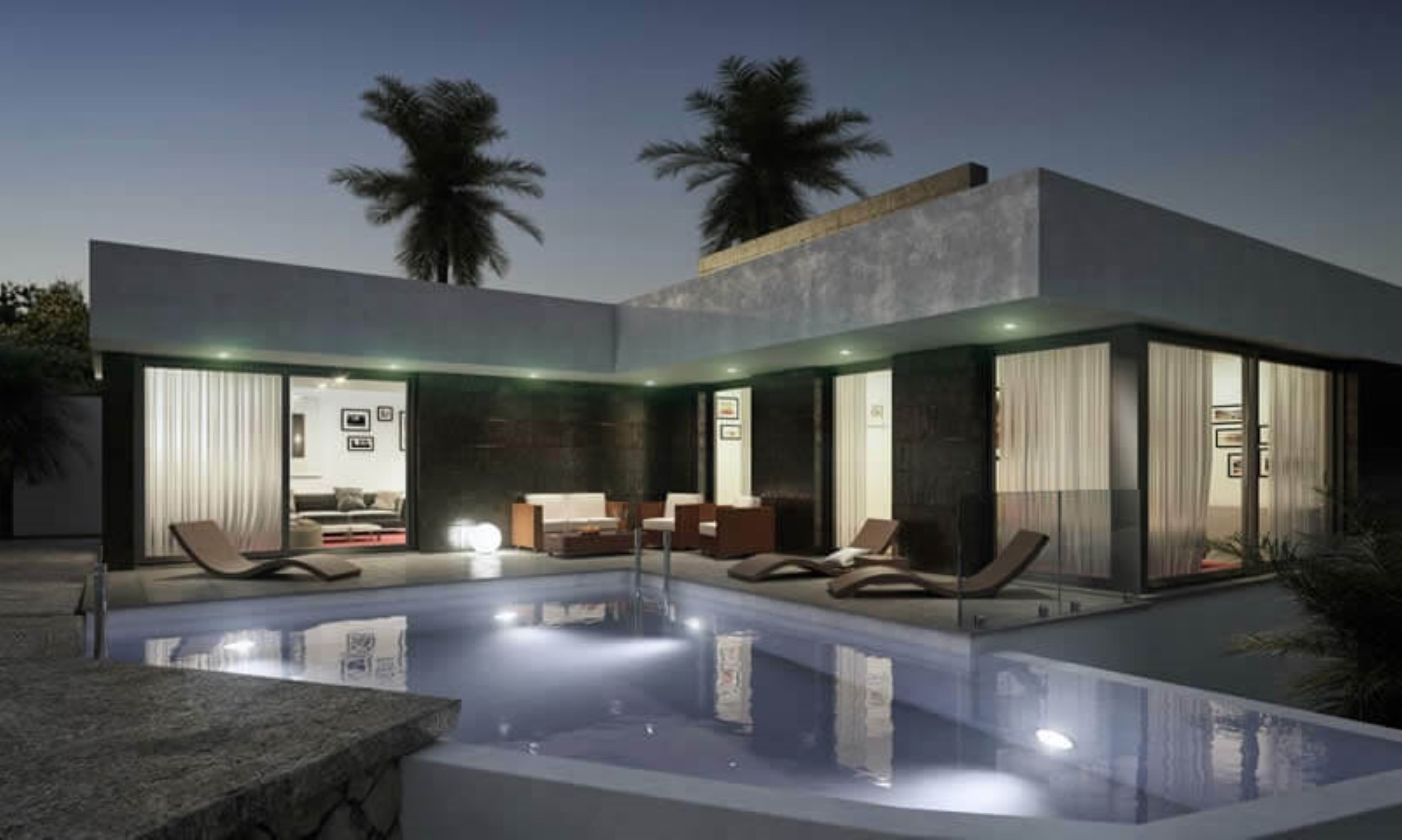 Nachtansicht des Pools mit Ambientebeleuchtung und direktem Zugang zur möblierten Terrasse.