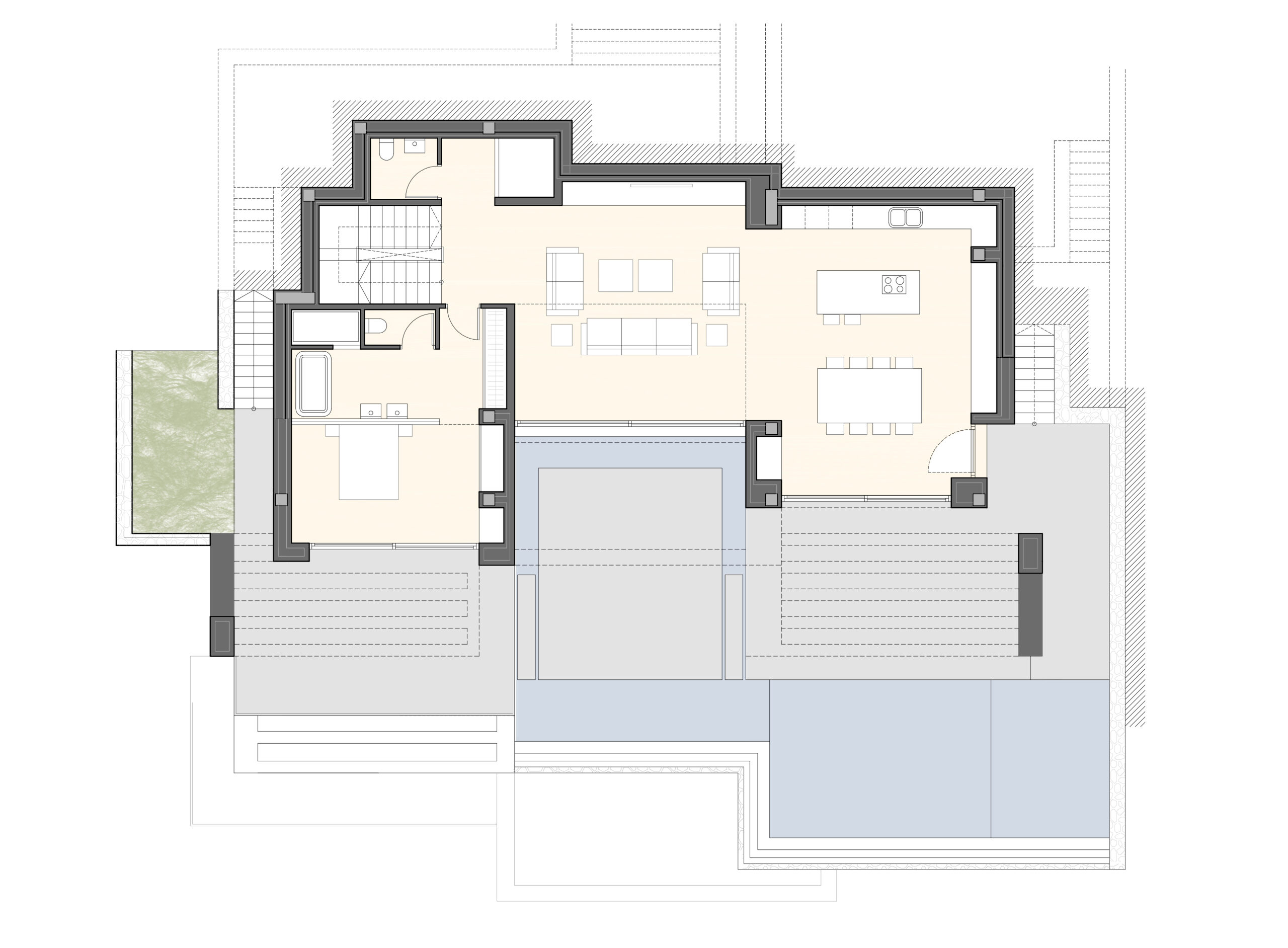 Detaillierter Grundriss des Erdgeschosses mit offenem Wohnbereich, Küche mit Insel, Hauptschlafzimmer mit Bad en Suite und großer Außenterrasse mit Pool.
