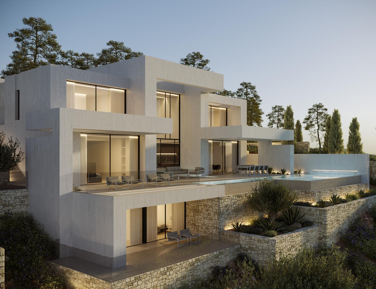Geometrische dreistöckige Fassade mit raumhohen Glasfronten, Terrassen mit Glasgeländern und einem Infinity-Pool, eingebettet in terrassierte Natursteinmauern.