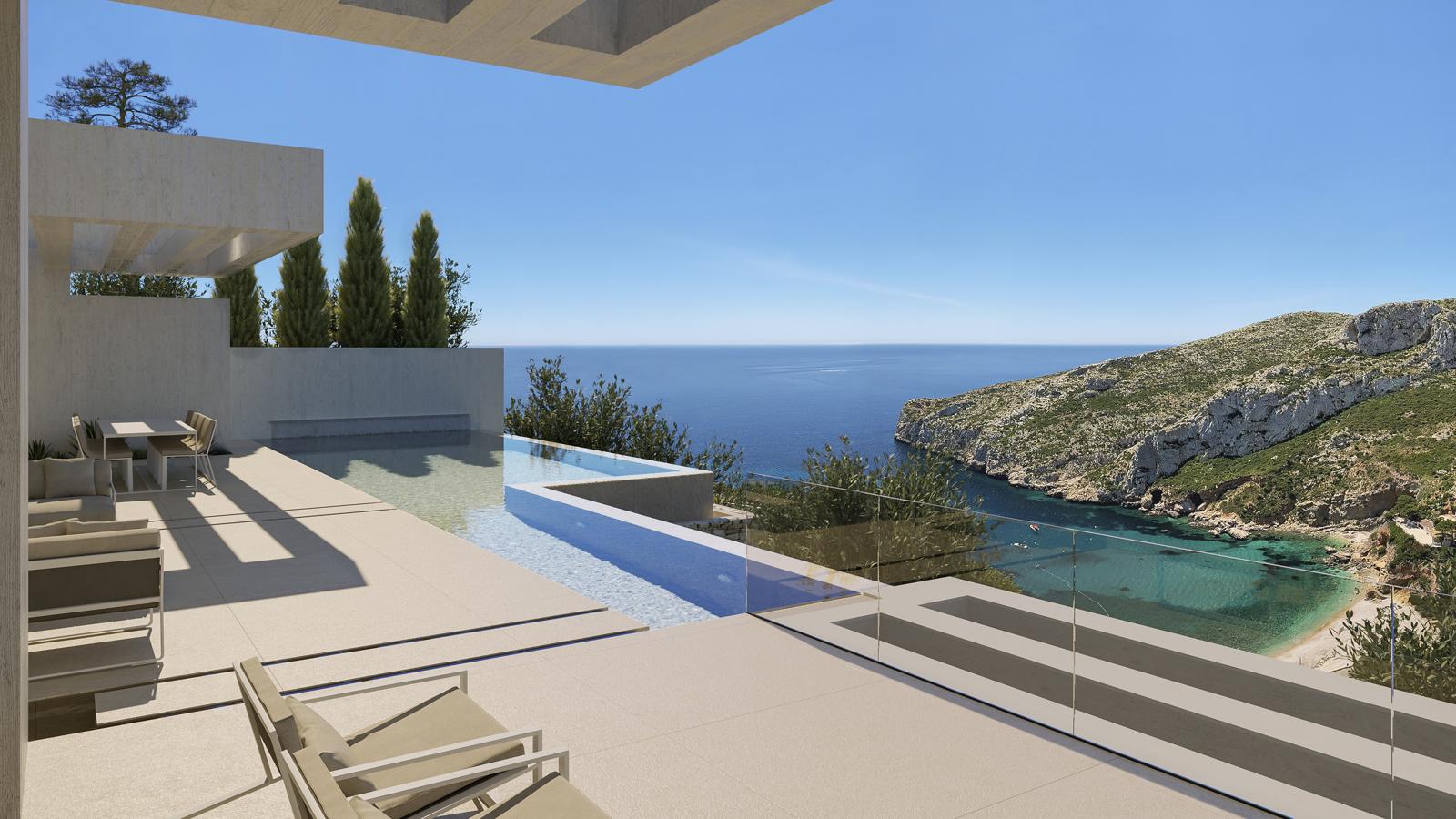 Hauptterrasse mit mehrstufigem Infinity-Pool, Glasgeländern und Panoramablick auf die Bucht von Granadella und das Mittelmeer.