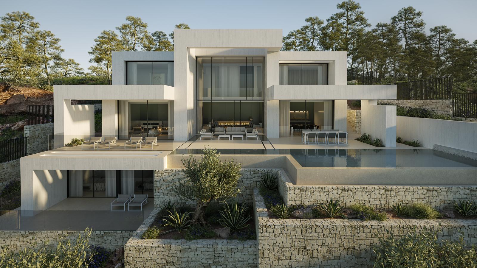 Moderne dreistöckige Fassade mit geometrischen Linien, Infinity-Pool und in Natursteinmauern integrierten Terrassen, umgeben von mediterranen Pinien.