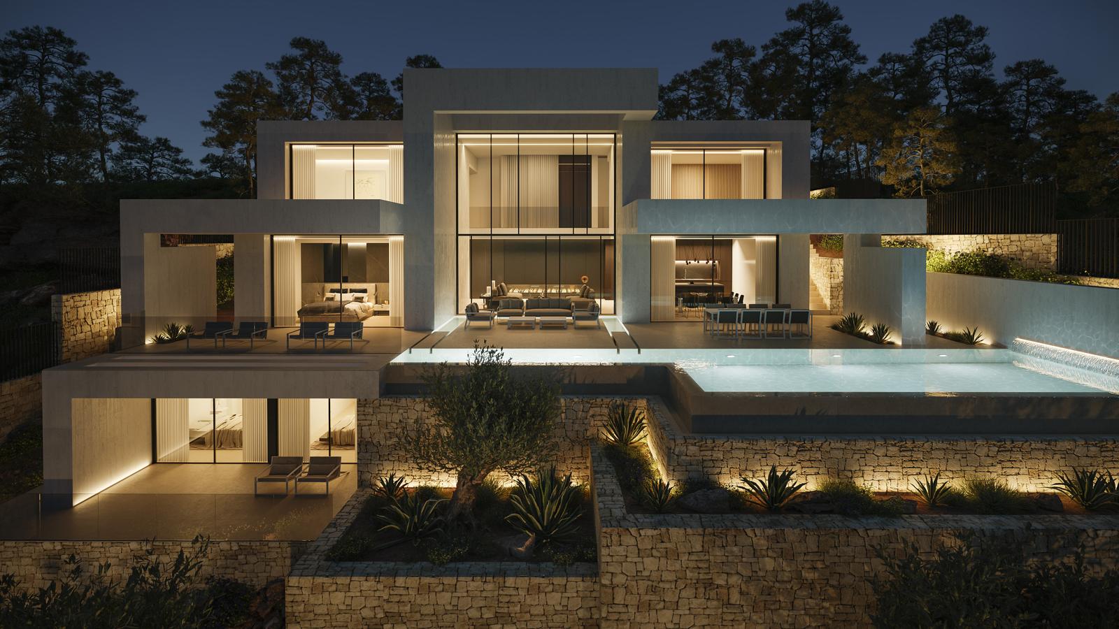 Nachtansicht der modernen Fassade mit integrierter Beleuchtung, Infinity-Pool und Natursteinmauern, die den mediterranen Garten auf mehreren Ebenen gliedern.