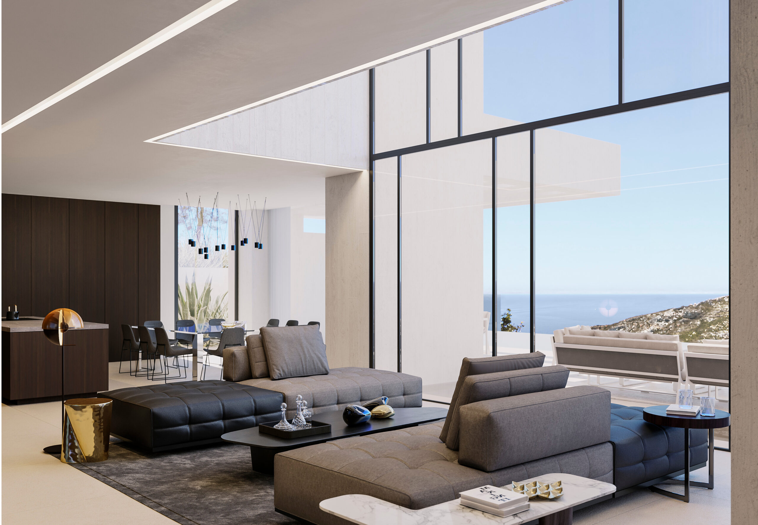 Offener Wohnbereich mit bodentiefen Glasfronten, Panoramablick auf das Meer, minimalistischen Designermöbeln und direktem Zugang zur Außenterrasse.