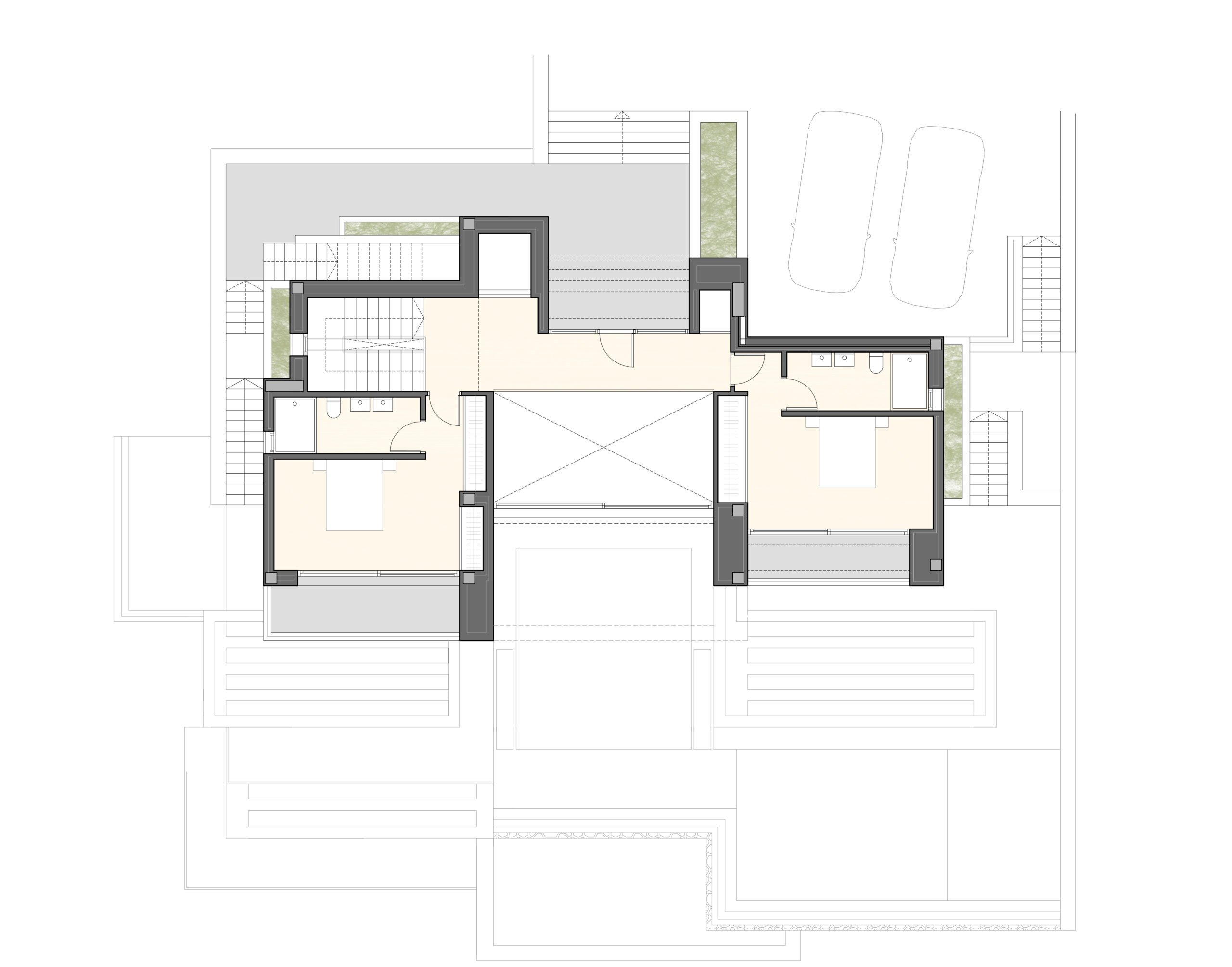 Technischer Grundriss des ersten Obergeschosses mit zwei Schlafzimmern mit En-Suite-Bädern, Eingangshalle, Aufzug und Außenstellplätzen.