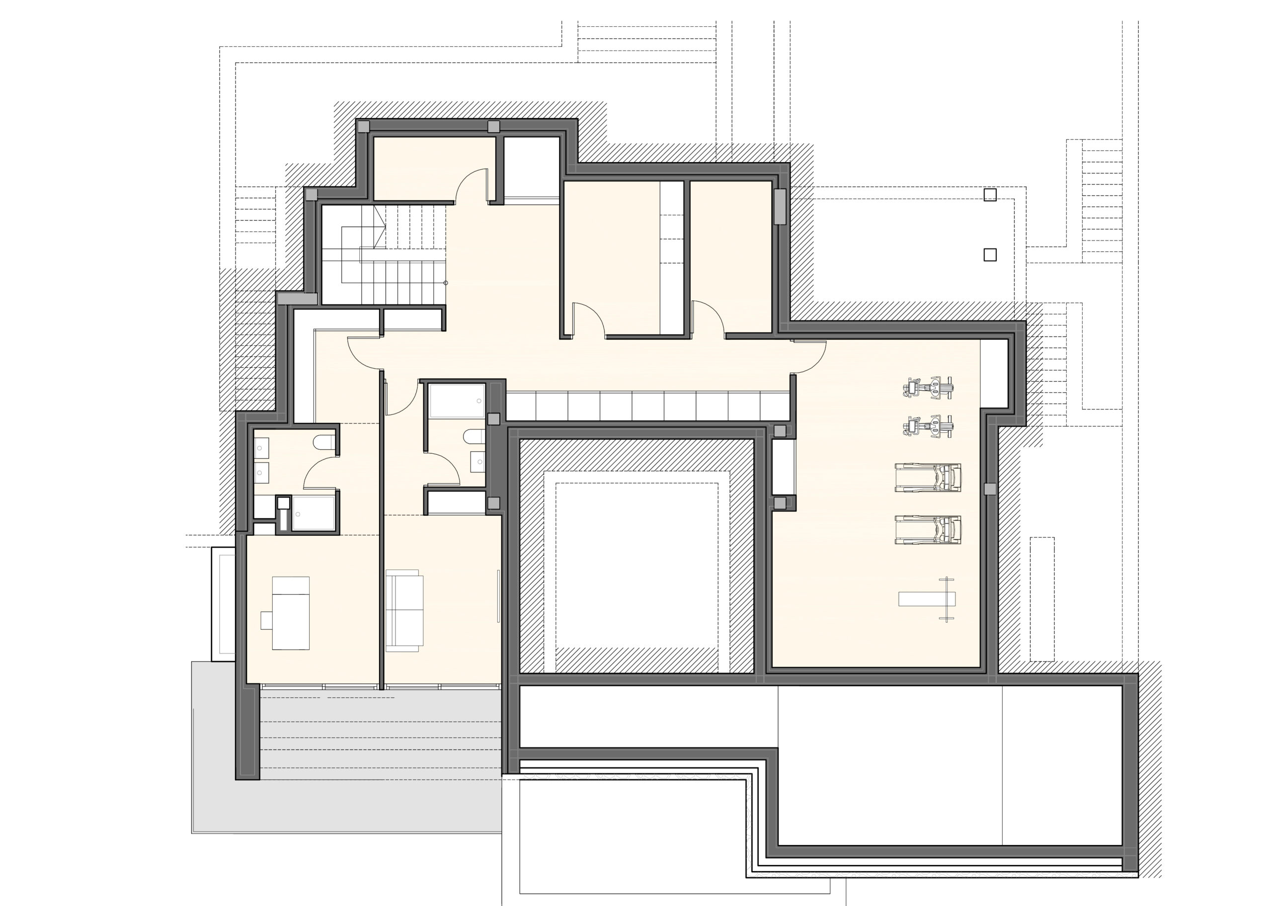 Technischer Grundriss des Untergeschosses mit Darstellung des Fitnessraums, Arbeitszimmers, der Schlafzimmer mit En-Suite-Bädern und Technikbereiche.