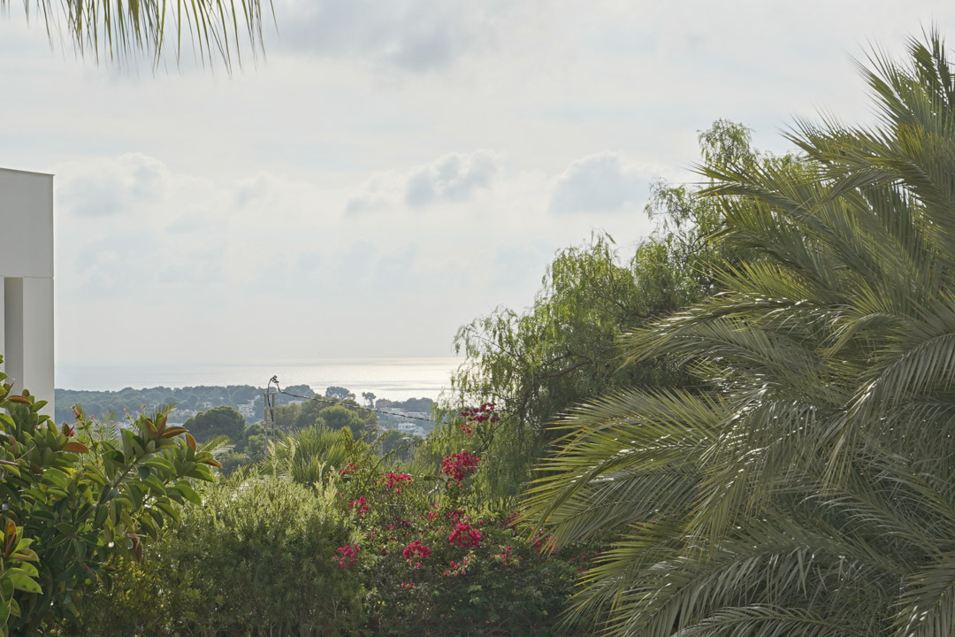 Panoramablick auf das Mittelmeer, eingerahmt von mediterraner Bepflanzung mit Palmen und blühenden Bougainvilleen von der Villa aus.