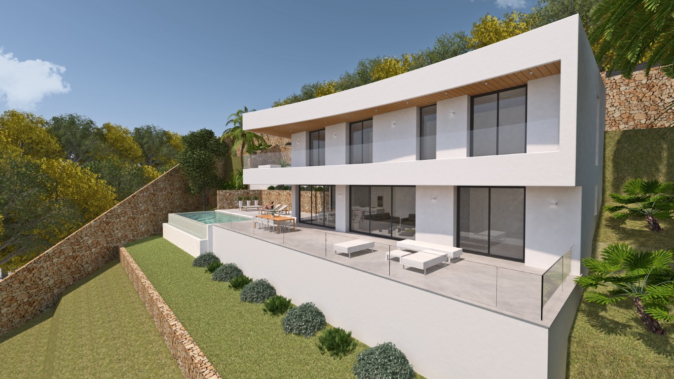 Außenansicht der modernen Villa mit weißer Fassade, großer Terrasse, Infinity-Pool und Natursteinmauern in einer gepflegten Gartenanlage.