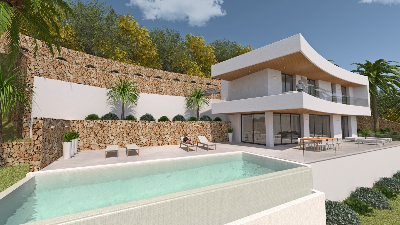 Außenansicht der Villa mit Infinity-Pool, Natursteinmauern und holzverkleideten Terrassendecken. Die geschwungene Architektur wird durch Glasfronten ergänzt.