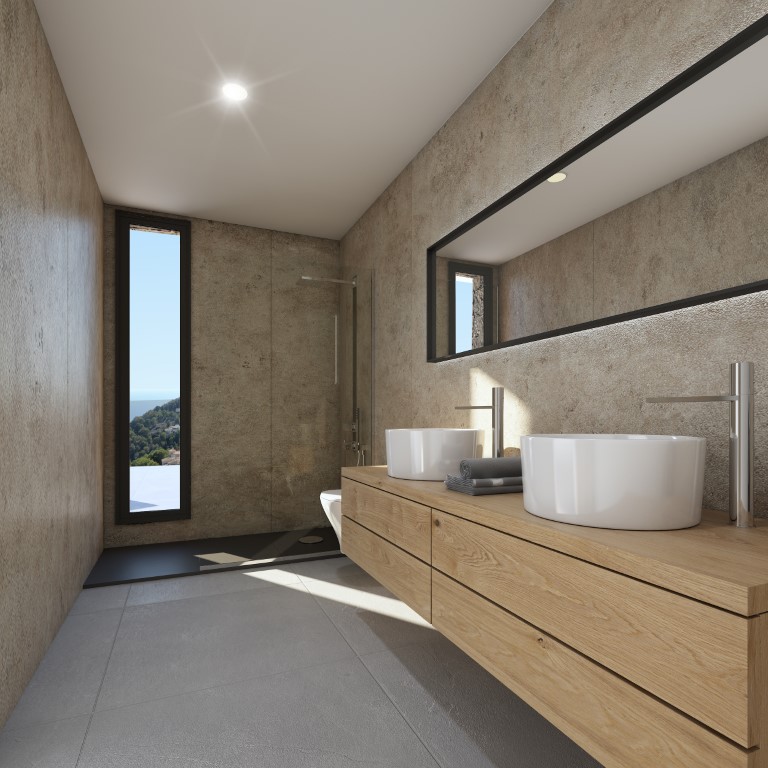 En-Suite-Badezimmer mit Doppelwaschbecken auf Eichenholzunterschrank, Steinwänden, begehbarer Dusche und vertikalem Fenster mit Ausblick.