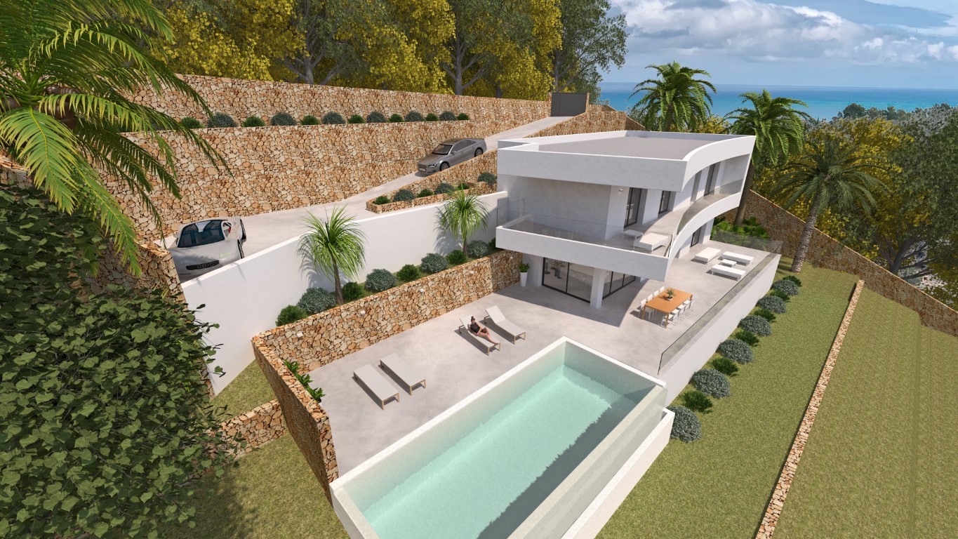 Luftaufnahme der modernen Villa mit Infinity-Pool, großzügigen Terrassen und Natursteinmauern auf einem terrassierten Grundstück mit Blick auf das Mittelmeer.