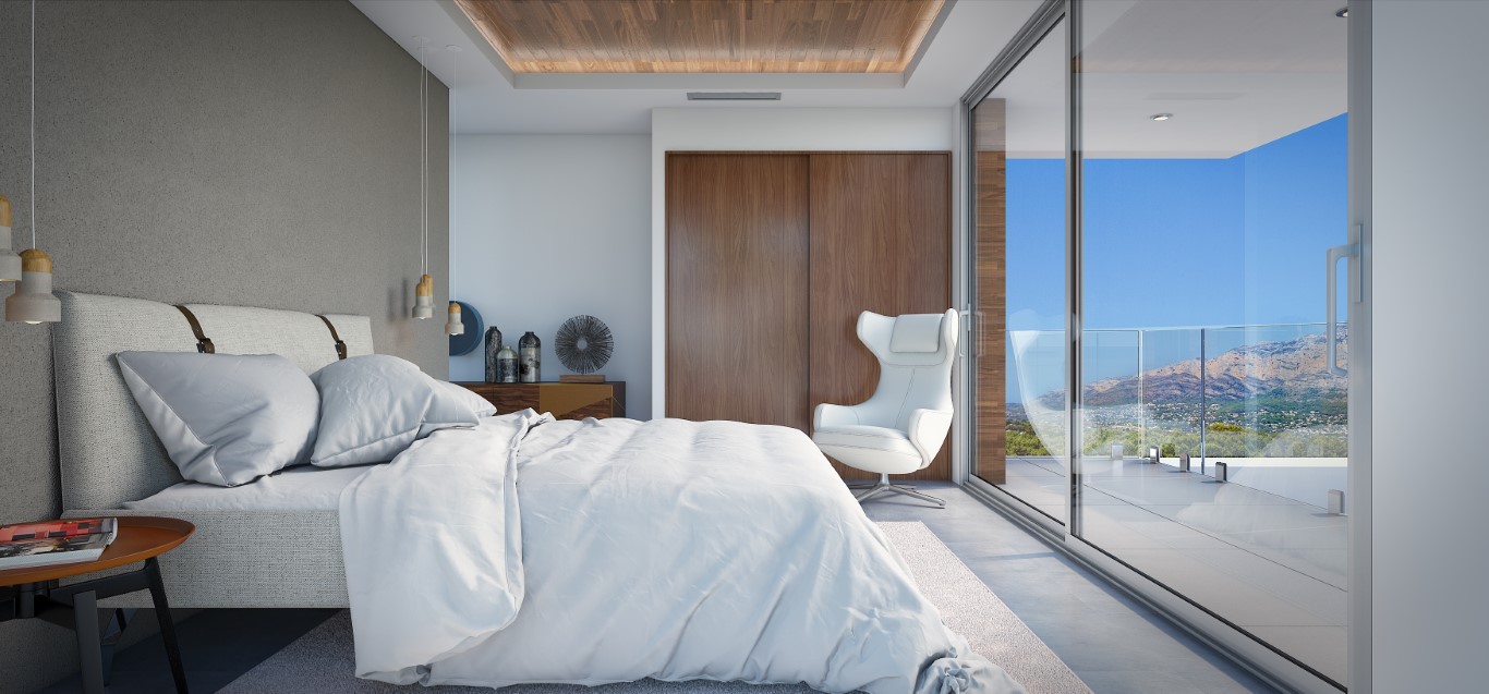 Modernes Schlafzimmer mit Einbauschränken aus Holz, Holzdecke und großen Glasschiebetüren, die auf eine private Terrasse mit Bergblick führen.
