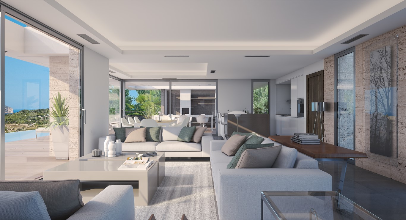 Offener Wohnbereich mit bodentiefen Glasschiebetüren, die zur Terrasse und zum Infinity-Pool führen. Natursteinwände und indirekte Deckenbeleuchtung prägen das moderne Ambiente.