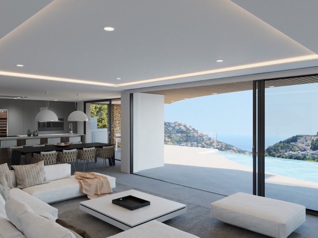 Offener Wohnraum mit großen Glasschiebetüren, die zur Terrasse und zum Infinity-Pool führen, inklusive Panoramablick auf das Mittelmeer und die Küste.