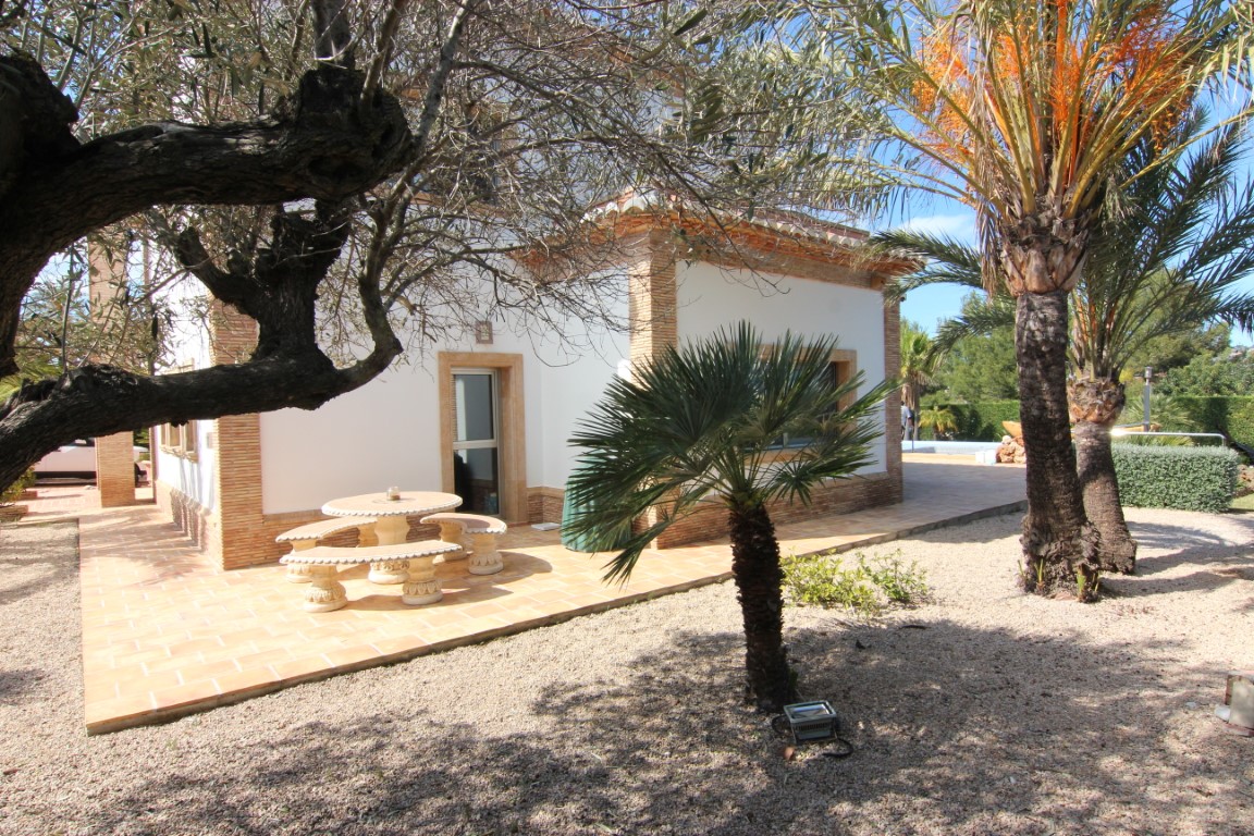 Seitenterrasse mit Terrakotta-Fliesen und Steinmöbeln, eingebettet in einen mediterranen Garten mit Palmen und schattenspendenden alten Bäumen.