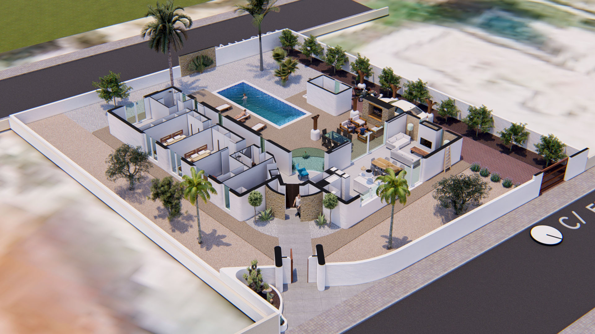 3D-Grundriss-Ansicht der Villa mit Darstellung des Außenbereichs inklusive Pool, mediterranem Garten und der Raumaufteilung der drei Schlafzimmer.