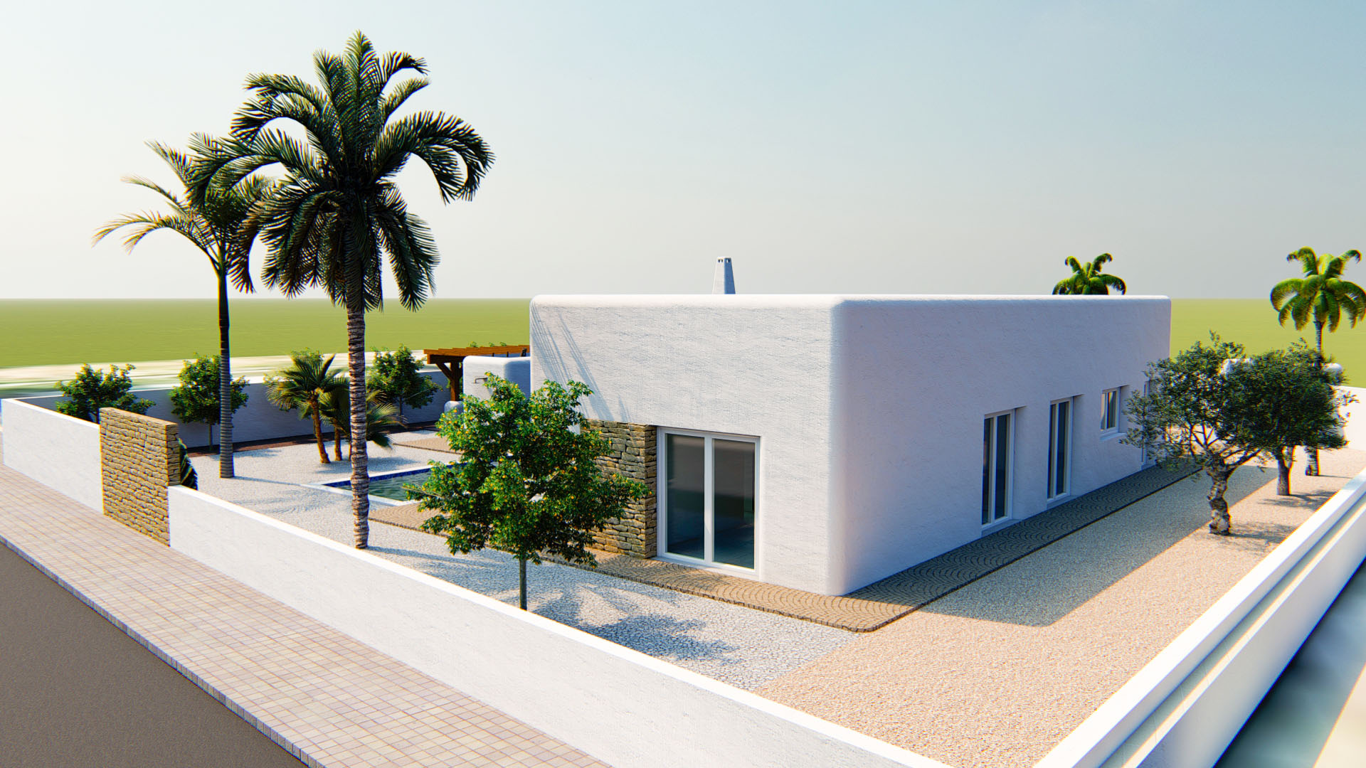 Außenansicht der Villa im ibizenkischen Stil mit strukturierter weißer Fassade, Natursteinakzenten und mediterranem Garten mit Palmen und Olivenbäumen.