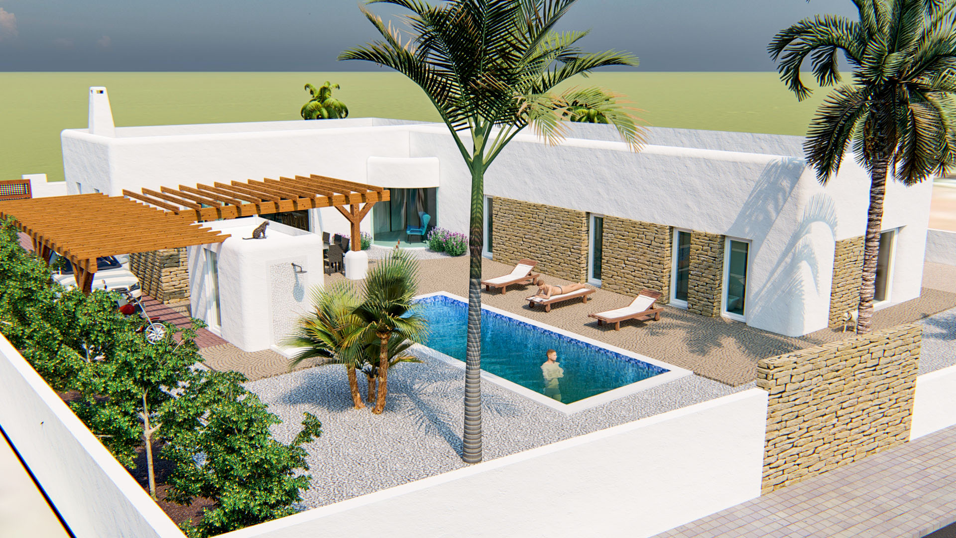 Außenansicht der Villa mit rechteckigem Pool, Steinterrasse und Holzpergola. Die weiße Fassade ist mit Natursteinwänden und Palmen gestaltet.