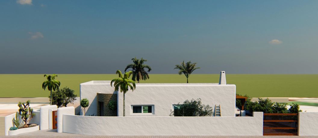 Außenansicht einer Villa im Ibiza-Stil mit weißen Texturwänden, Natursteinakzenten, Holztoren und Palmen, die das minimalistische Design ergänzen.