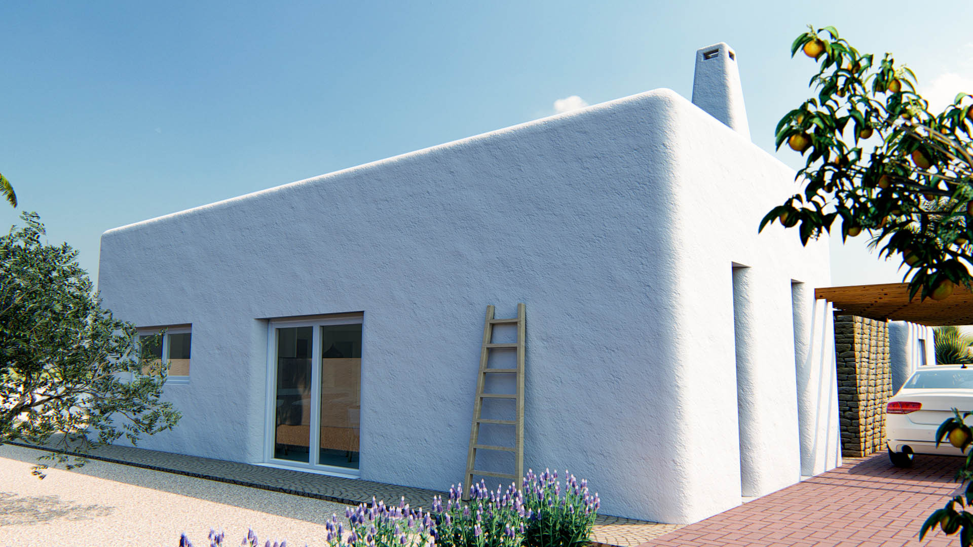 Außenansicht im ibizenkischen Stil mit weiß strukturierten Wänden, abgerundeten Ecken, einer dekorativen Holzleiter und mediterraner Bepflanzung mit Lavendel.