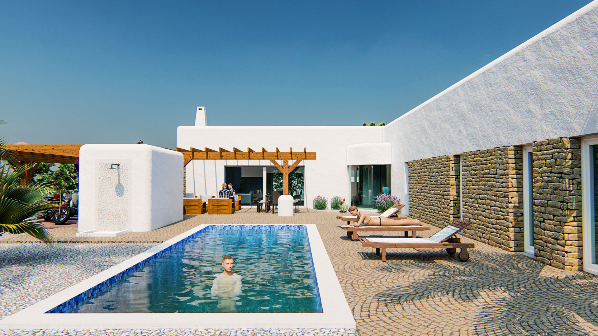 Außenbereich im Ibiza-Stil mit rechteckigem Pool, Pflasterstein-Terrasse, Außendusche und einer Fassade aus weißem Putz und Natursteinwänden.